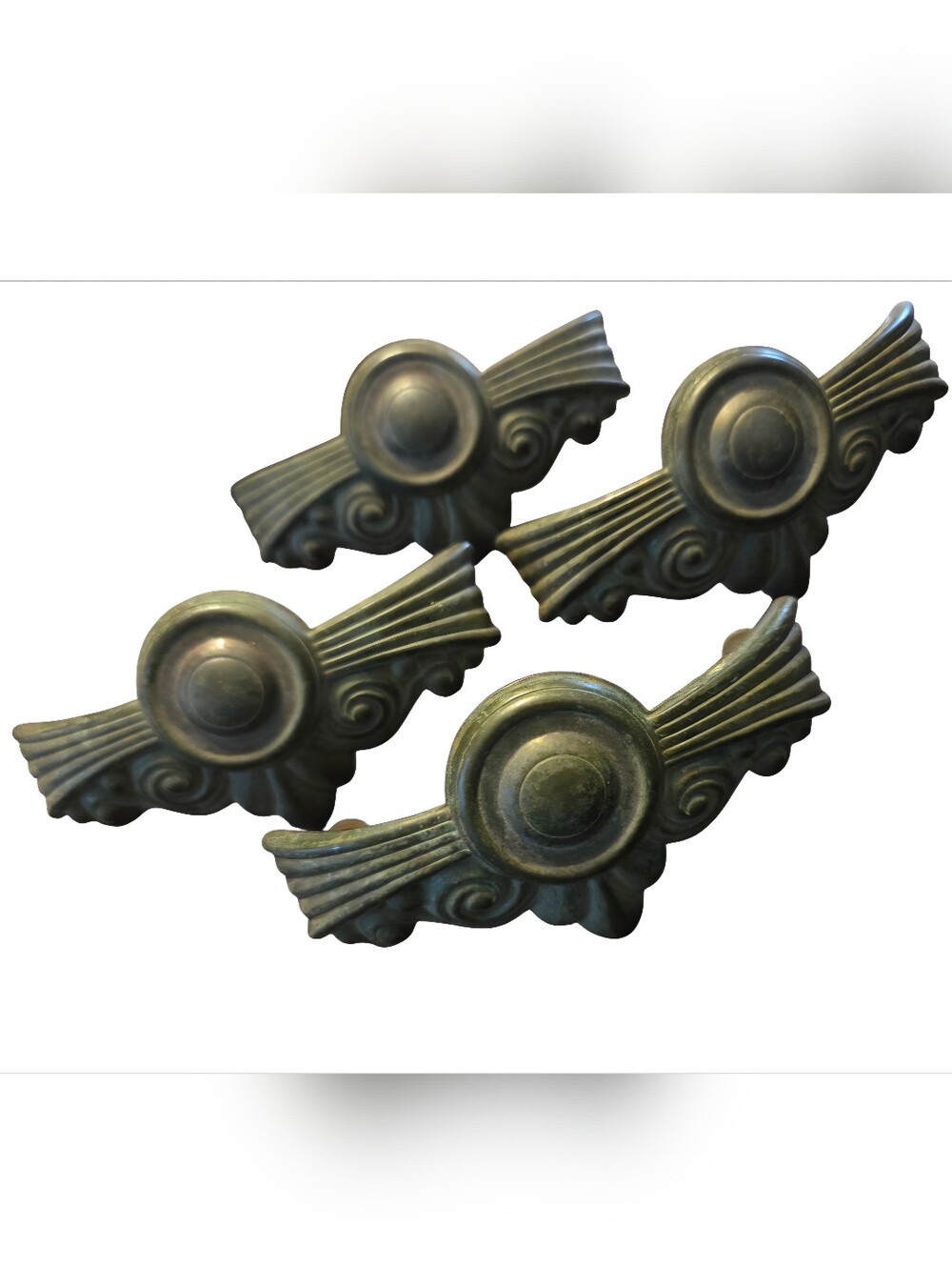 4 Distinctive Art Deco Design Brass Drawer Pulls With Patina 1920s/30s